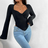 Sleeves Tucked Waist Irregular Knitted V-neck Holiday WomenLong Sleeve Polyester Y2k Top T-shirt